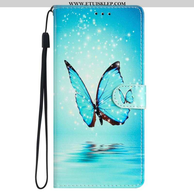 Etui Folio do iPhone 15 Plus z Łańcuch Motyle W Locie Z Paskiem